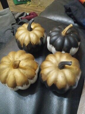 Set Of 4 Plastic Gold White & Black Fall Pumpkin Figurines